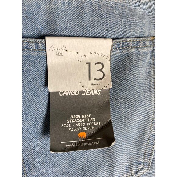Cali 1850 High Rise Straight Leg Cargo Jeans W/ Pockets Light Wash Denim, 13 - Picture 6 of 7